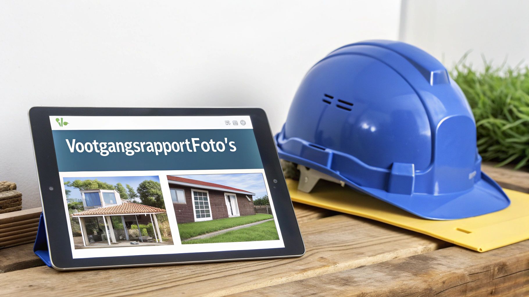 Een tablet toont een voortgangsrapport met foto's van huizen, naast een blauwe bouwhelm op een houten tafel.