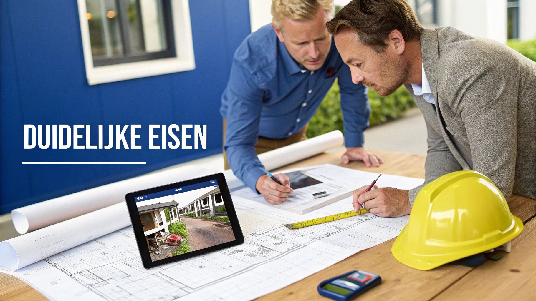 Twee architecten of bouwprofessionals bespreken bouwplannen met een tablet, meetlint en bouwhelm op tafel.