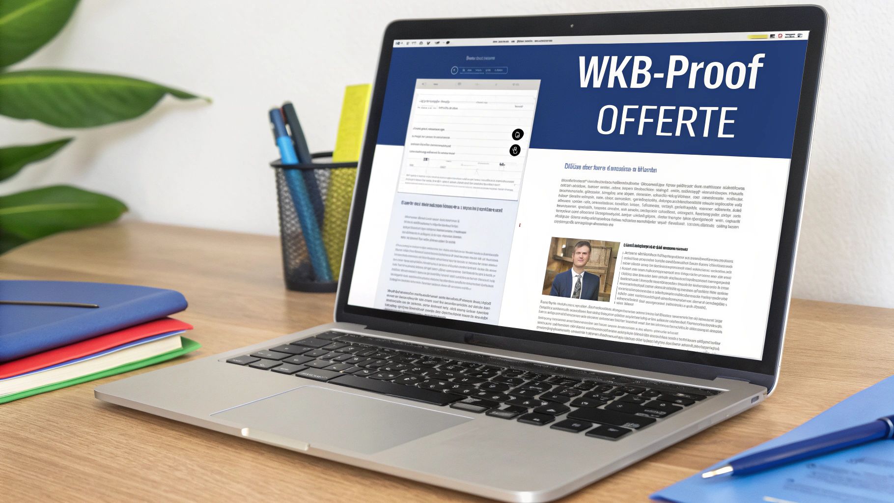 Laptop op bureau toont WKB-Proof offerte, met pennen en notitieboeken op de achtergrond.