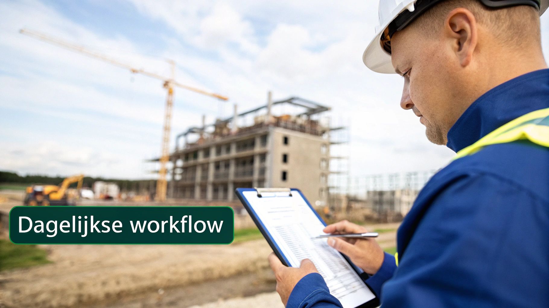 Bouwvakker op bouwplaats inspecteert en schrijft op klembord, met gebouw en kraan. Tekst: 'Dagelijkse workflow'.
