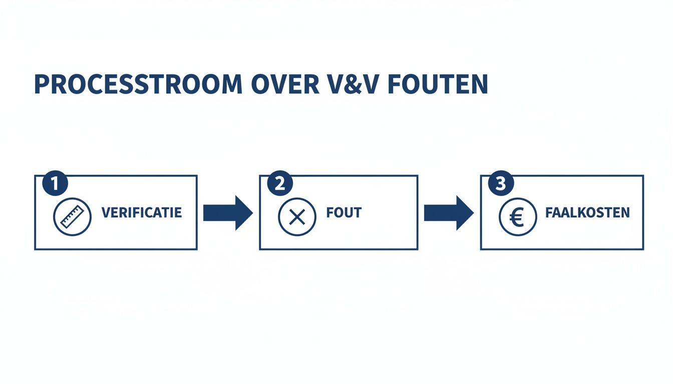 Een flowchart getiteld 'Processtroom over V&V fouten' met de stappen Verificatie, Fout en Faalkosten.