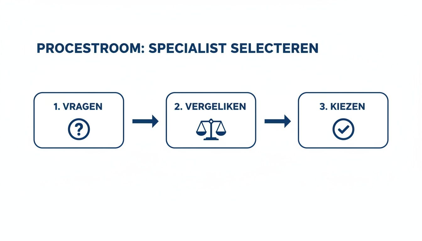 Een processtroomdiagram met drie stappen voor het selecteren van een specialist: vragen, vergelijken en kiezen.