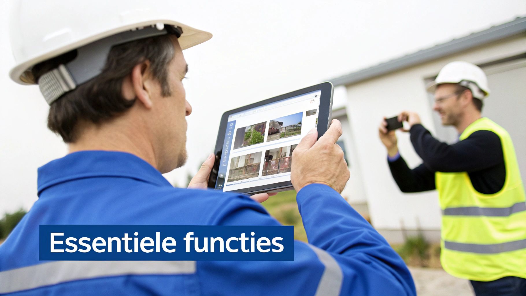Twee bouwvakkers op een werkplek; één bekijkt foto's op een tablet, de ander maakt een foto met een smartphone. Ze dragen veiligheidshelmen en werkkleding.