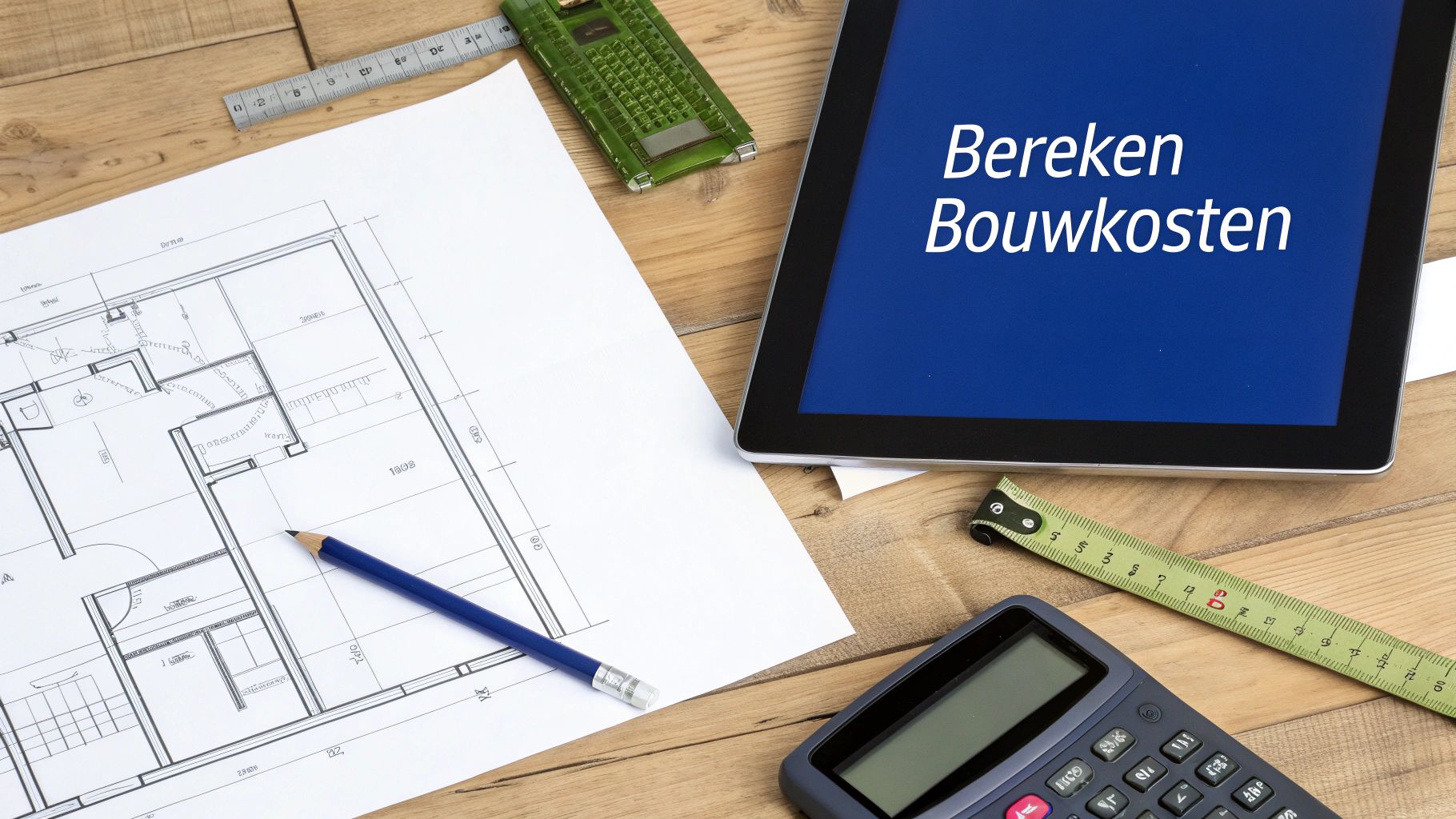 Overzicht van een bouwplan met tablet waarop 'Bereken Bouwkosten' staat, liniaal en rekenmachine op een houten tafel.