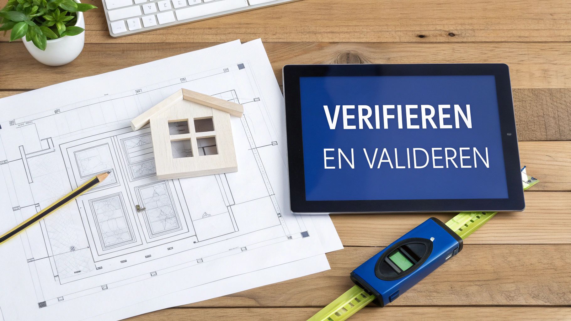 Een bovenaanzicht van een bureau met bouwplannen, een houten huisje, een tablet met 'VERIFIEREN EN VALIDEREN', en meetgereedschap.