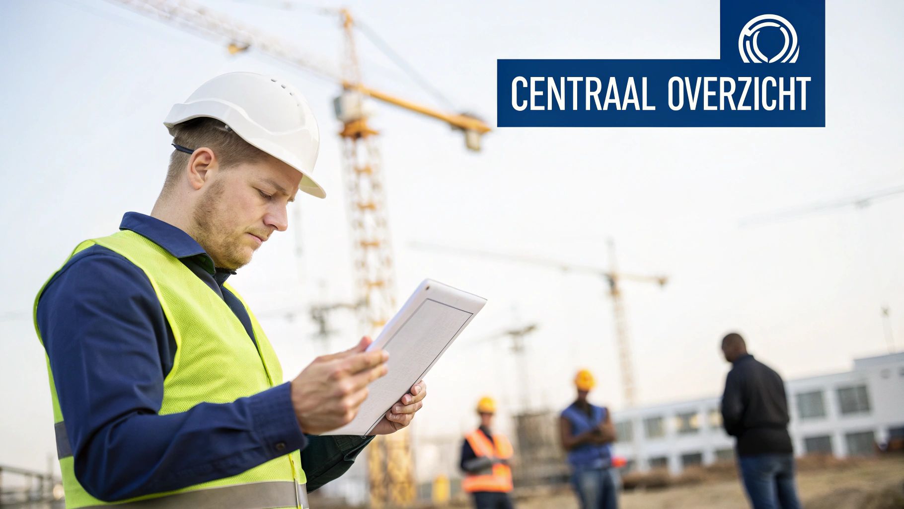 Man in helm en veiligheidsvest bekijkt document op bouwplaats. Kranen en andere bouwvakkers op de achtergrond.