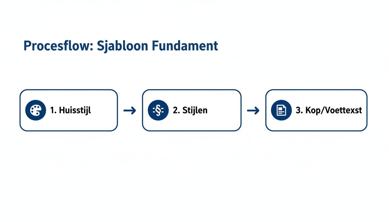 Een procesflow die de stappen voor het maken van een sjabloon toont: huisstijl, stijlen en kop/voettekst.