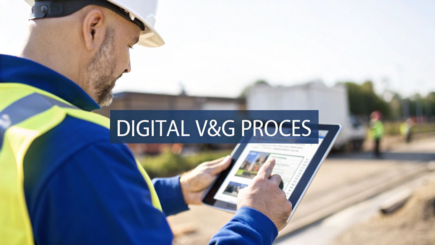 Een man in een harde hoed en veiligheidsvest gebruikt een tablet op een bouwplaats voor het digitale V&G proces.