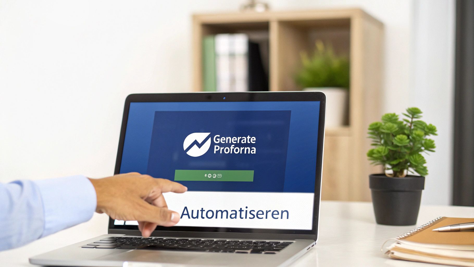 Een hand wijst naar een laptop scherm waarop 'Generate Proforma' en 'Automatiseren' wordt weergegeven, op een bureau.
