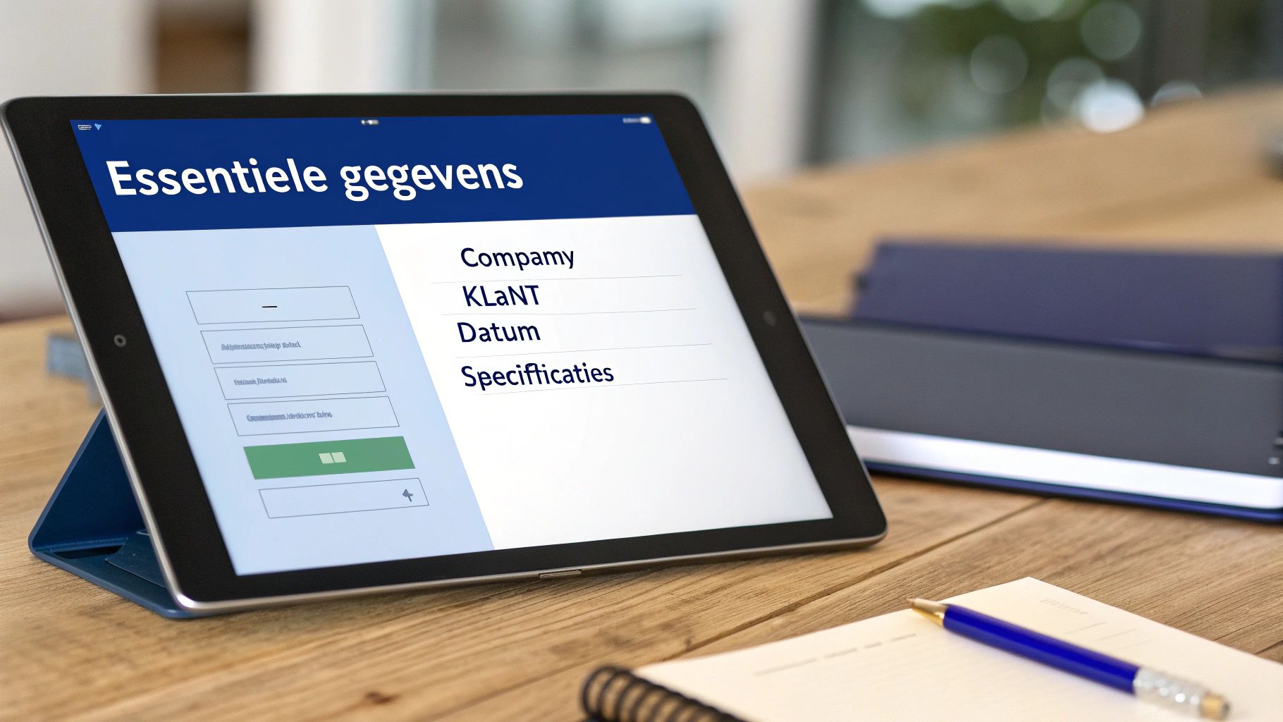 Een tablet met een digitaal formulier getiteld "Essentiële gegevens" op een houten bureau, naast een notitieboekje en pen.