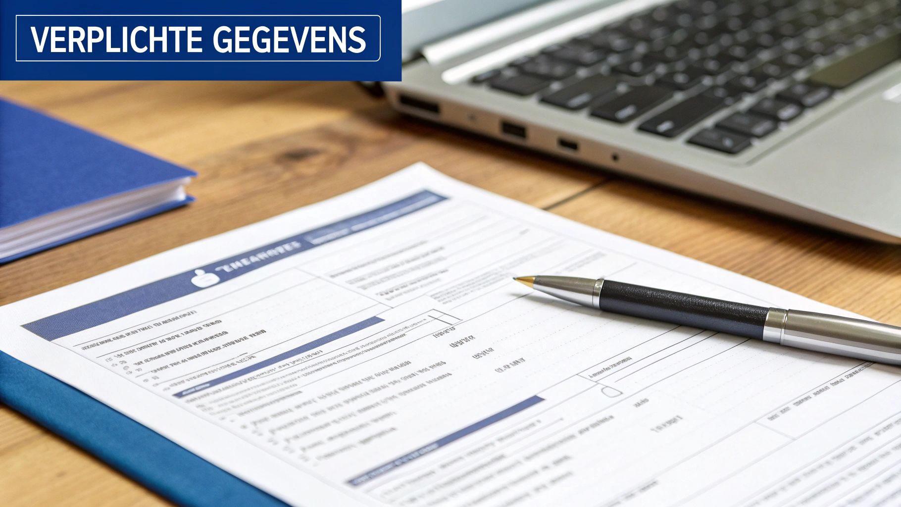Een formulier met 'Verplichte Gegevens' en een pen op een houten bureau met laptop.