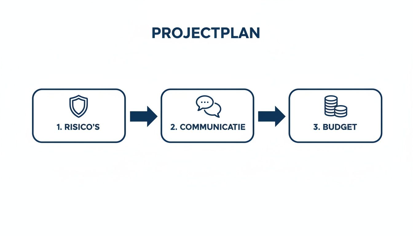 Een projectplan dat de stappen risico's, communicatie en budget visueel weergeeft met bijbehorende iconen.