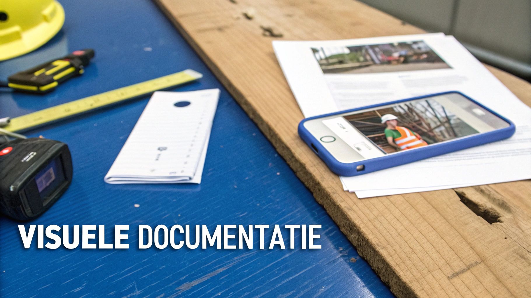 Werktafel met bouwgereedschap, inclusief een bouwhelm, meetlint, afstandsmeter en een smartphone met een afbeelding van een bouwvakker. Visuele documentatie.