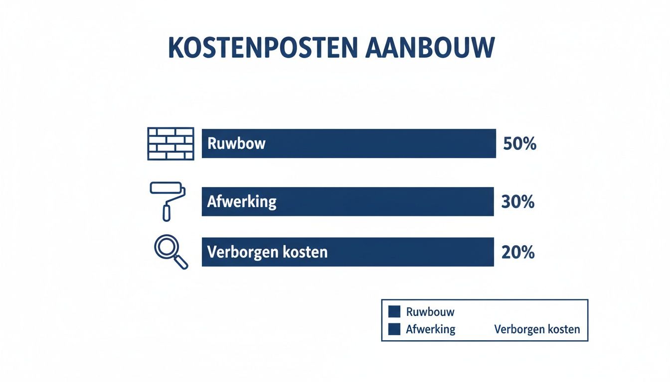 Visualisatie van kostenposten voor een aanbouw, verdeeld in ruwbouw (50%), afwerking (30%) en verborgen kosten (20%).