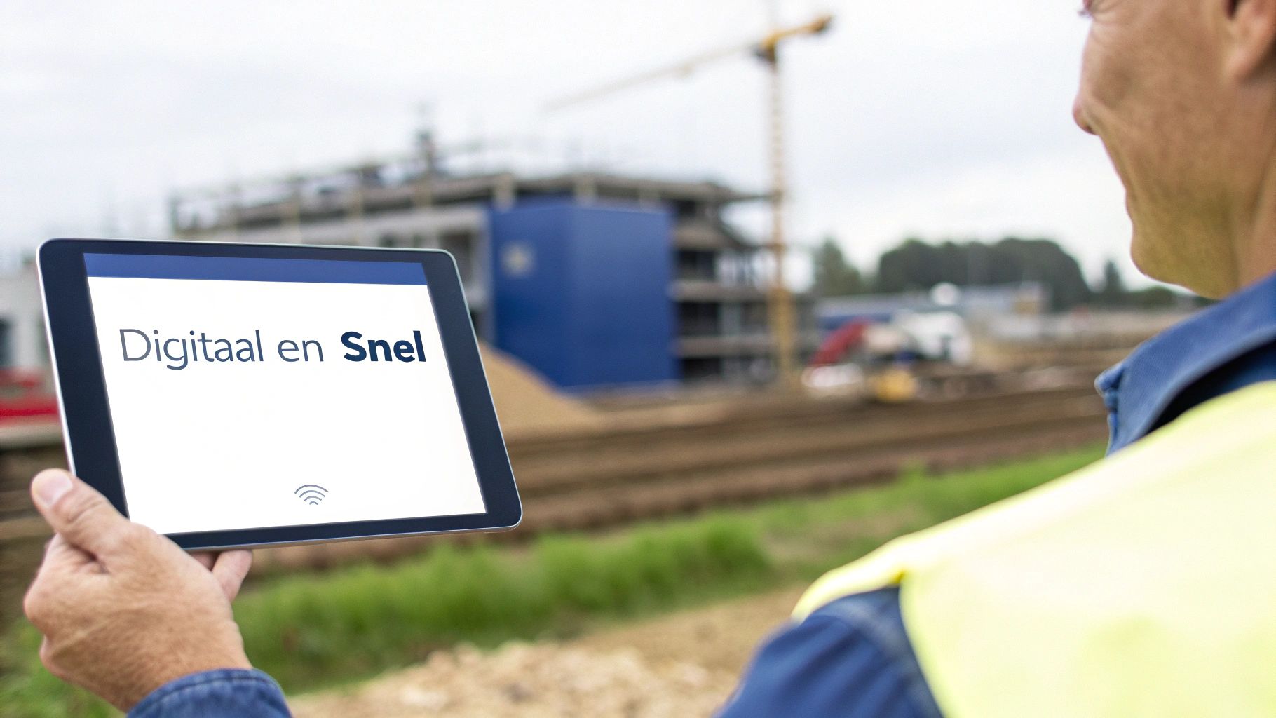 Man in veiligheidshesje bekijkt bouwplaats en houdt tablet vast met de tekst 'Digitaal en Snel'.