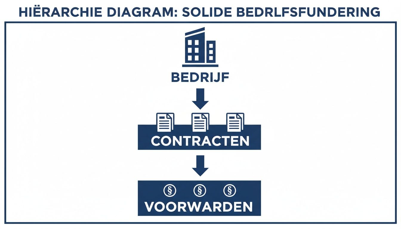 Hiërarchisch diagram toont een solide bedrijfsfundering, van bedrijf naar contracten en algemene voorwaarden.
