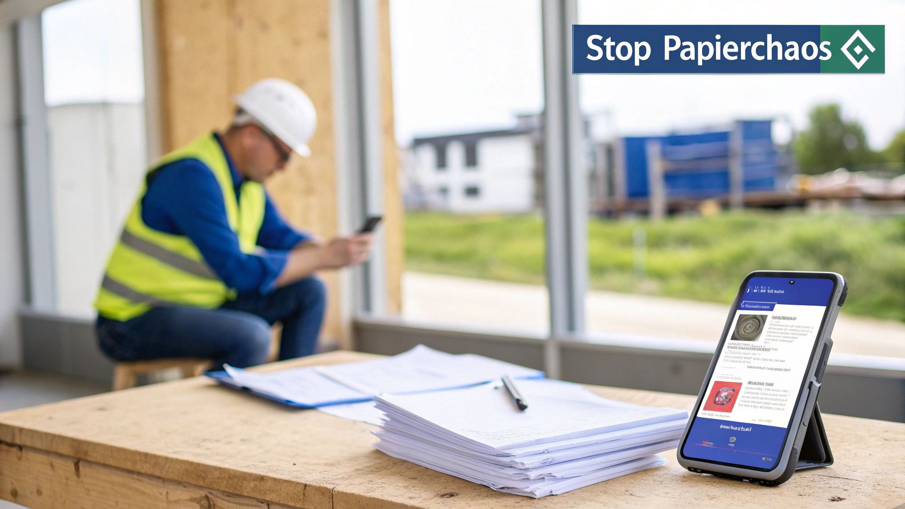 Bouwvakker gebruikt smartphone bij documenten, wat de verschuiving naar digitale urenregistratie in de bouw symboliseert.