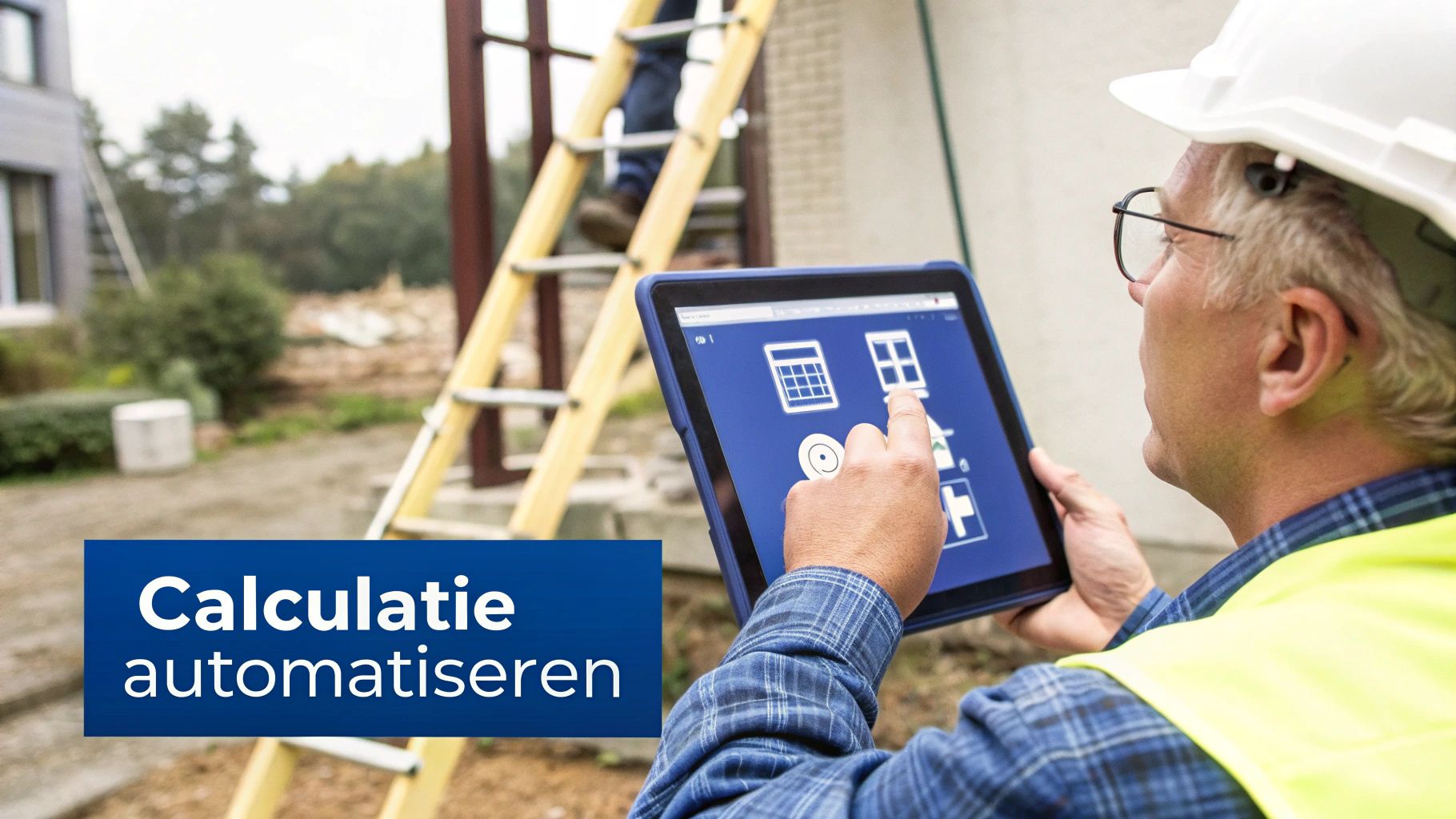 Bouwvakker met veiligheidshelm en tablet automatiseert calculaties op bouwplaats met behulp van software.