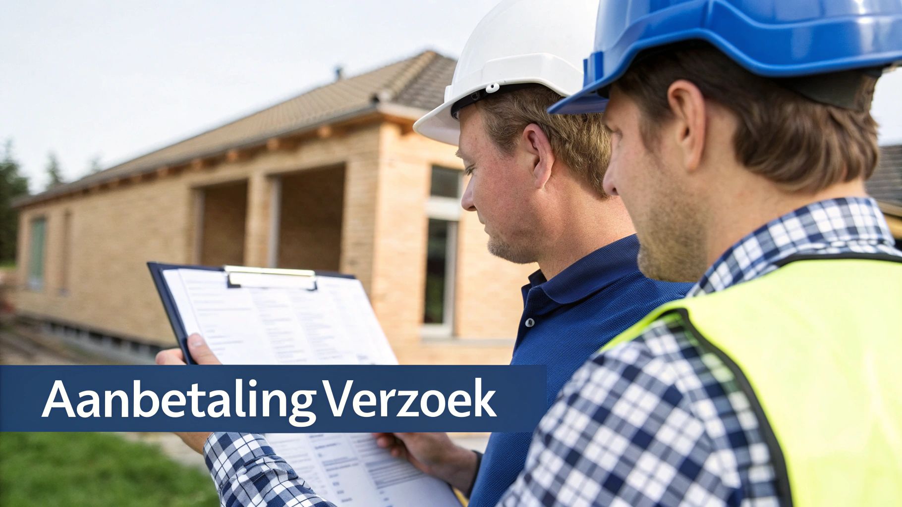 Twee bouwvakkers in veiligheidshelmen bekijken documenten op een bouwplaats bij een huis in aanbouw.