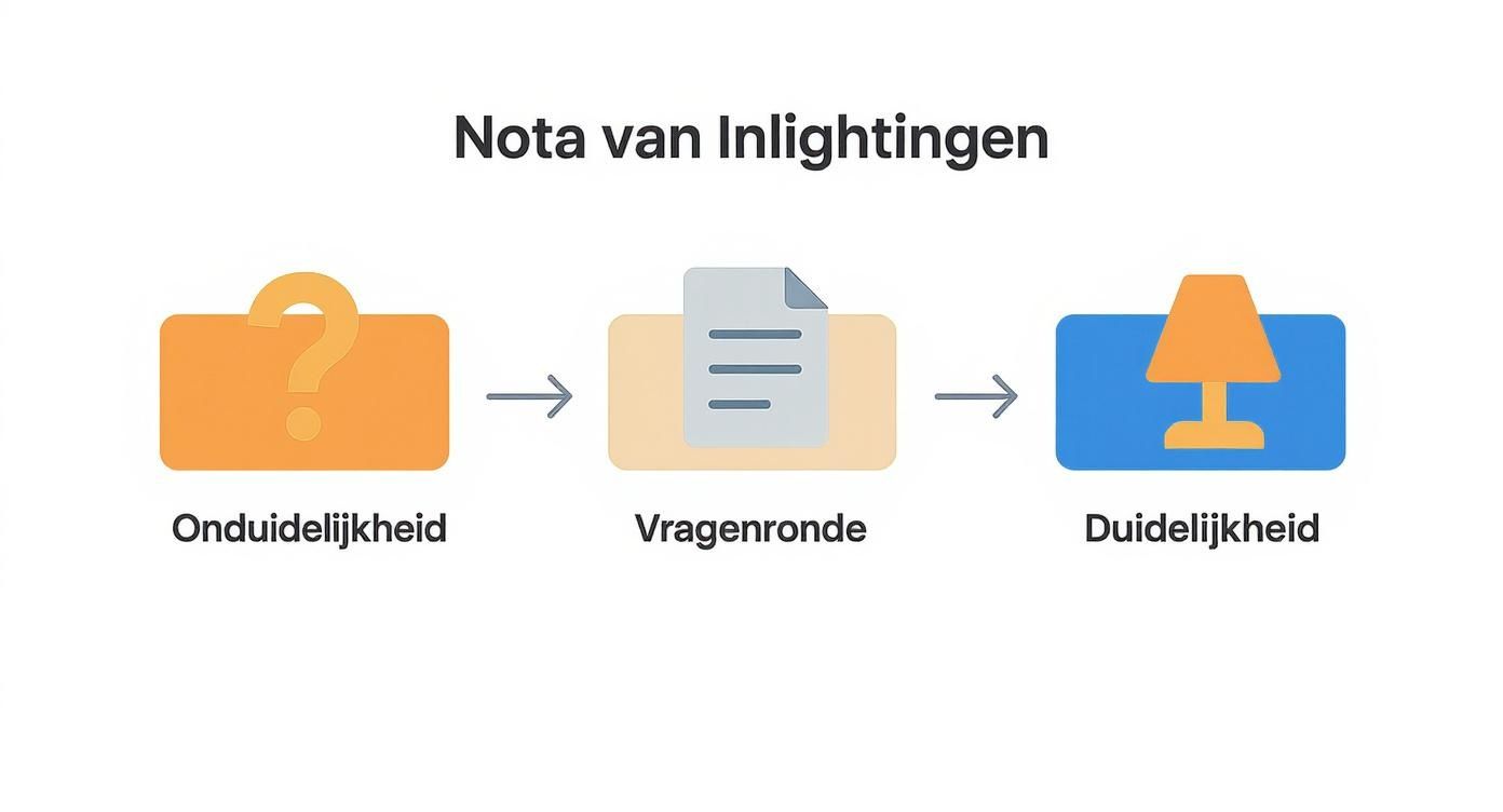 Diagram: van onduidelijkheid (vraagteken) naar duidelijkheid (lamp) via een vragenronde (document).
