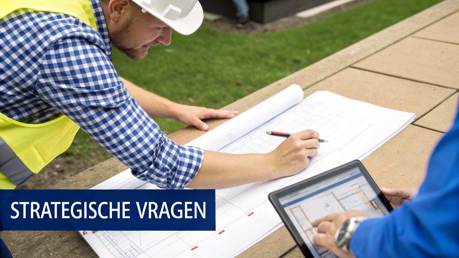 Twee bouwprofessionals, waarvan één met helm en veiligheidsvest, bespreken bouwplannen en ontwerpen op papier en een tablet.