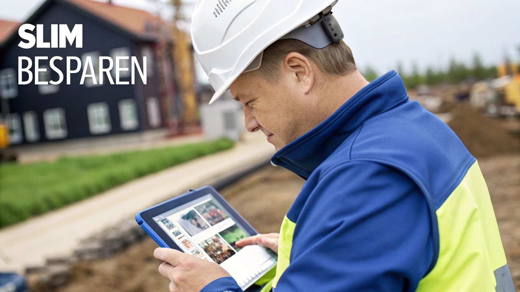Een bouwmedewerker met veiligheidshelm bekijkt een tablet op een bouwplaats, met de tekst SLIM BESPAREN.