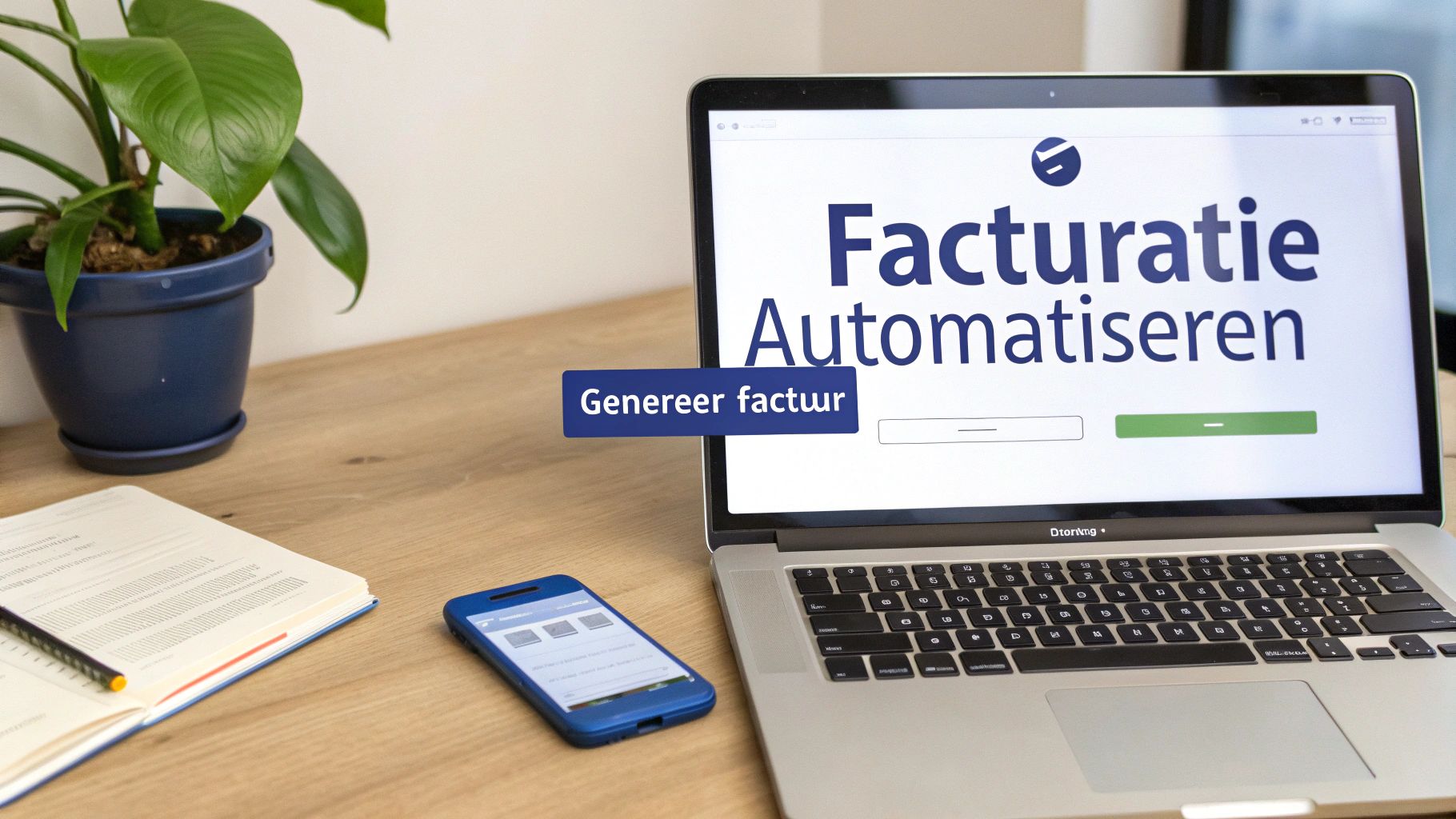 Laptop op een houten bureau met 'Facturatie Automatiseren' en 'Genereer factuur' op het scherm.