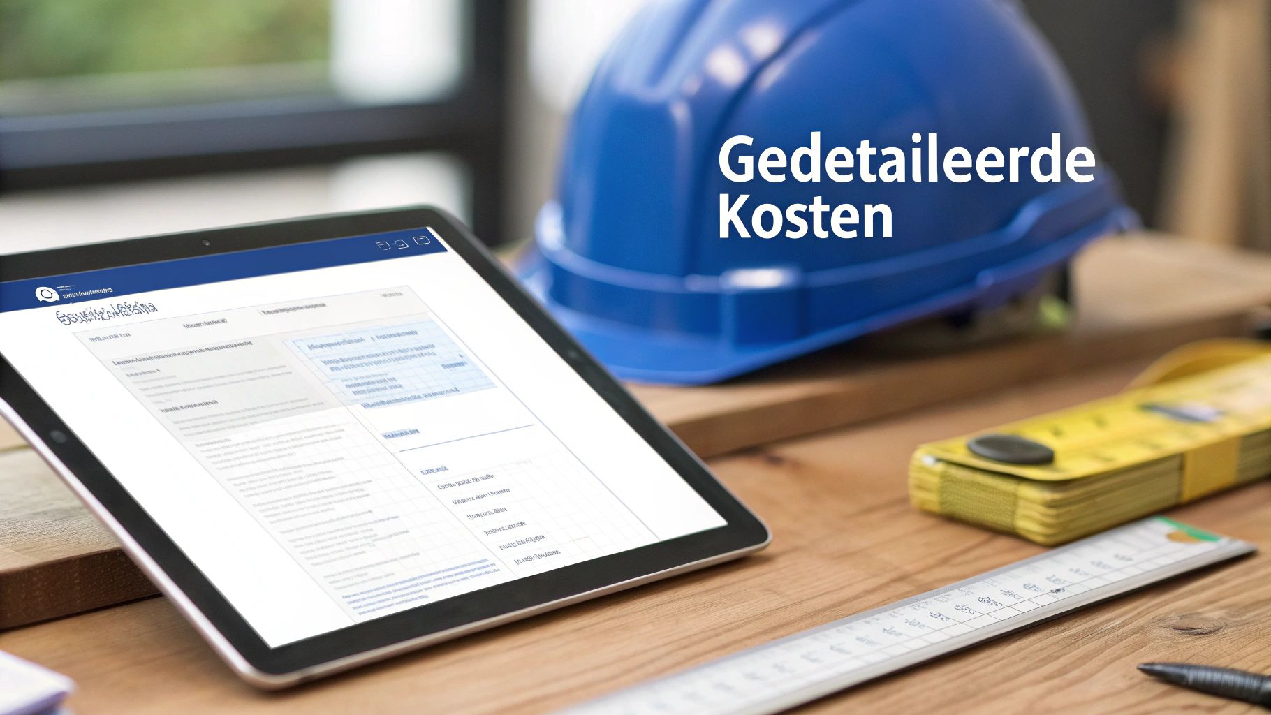 Tablet met bouwdocumenten en een blauwe veiligheidshelm op een houten bureau met meetgereedschap.