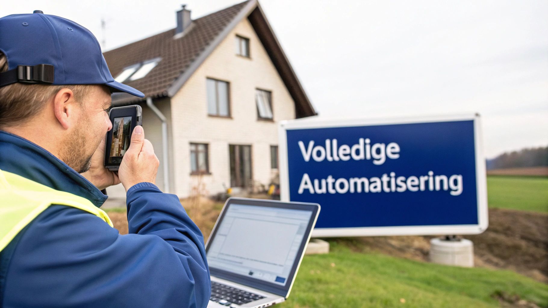 Man fotografeert een huis en een bord 'Volledige Automatisering' met een smartphone, terwijl hij een laptop gebruikt.