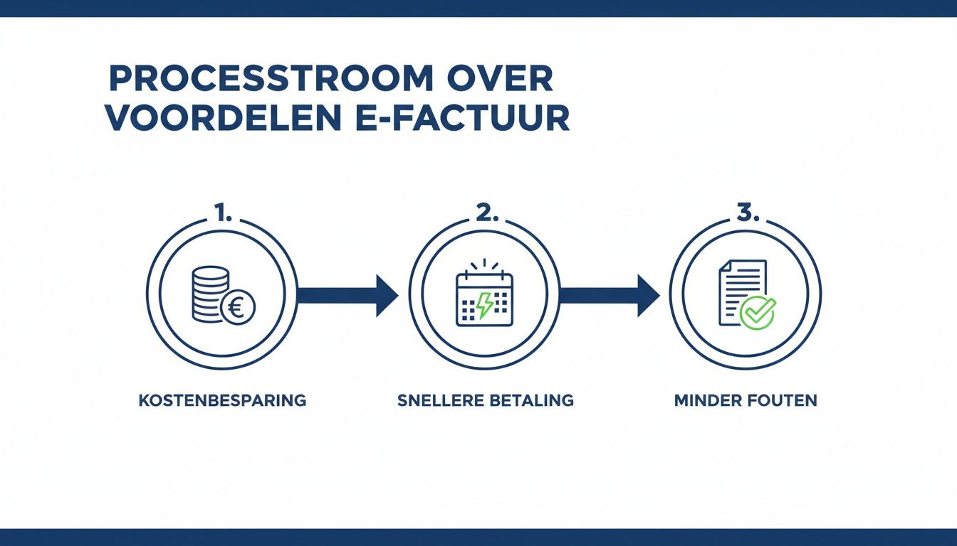 Overzicht van de voordelen van e-facturatie: kostenbesparing, snellere betaling en minder fouten.