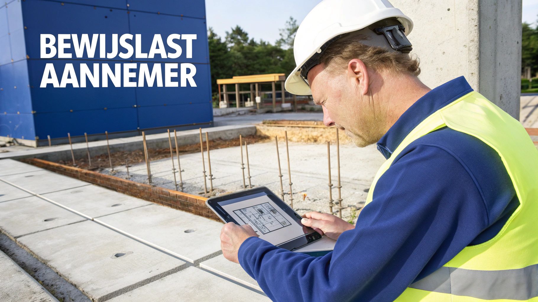 Bouwvakker in helm en veiligheidsvest bekijkt bouwtekeningen op tablet op een bouwplaats.