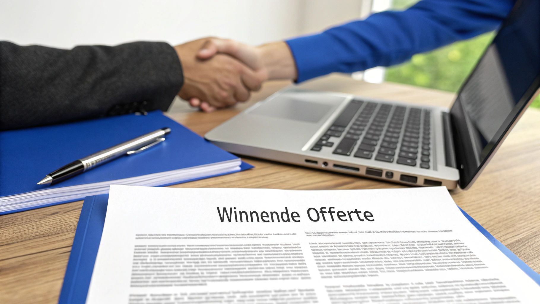 Twee personen schudden handen boven een document met 'Winnende Offerte' en laptop op bureau