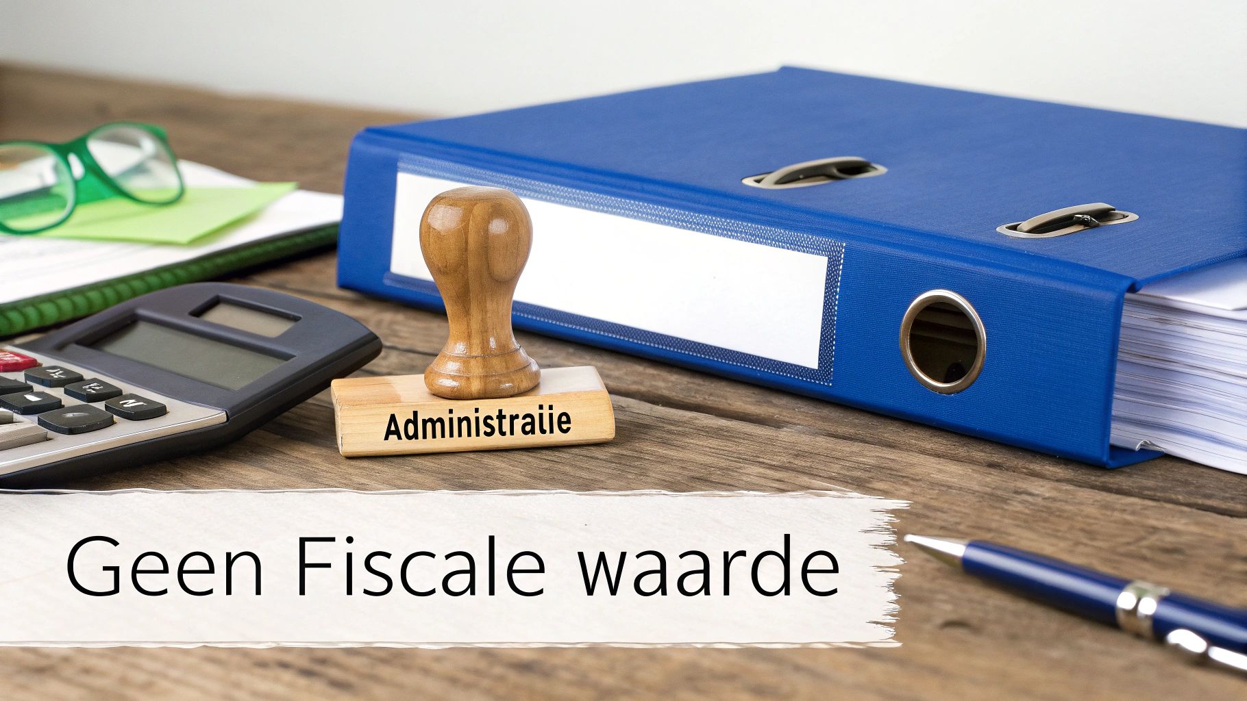 Een bureau met een blauwe map, rekenmachine, stempel 'Administratie' en tekst 'Geen Fiscale waarde'.