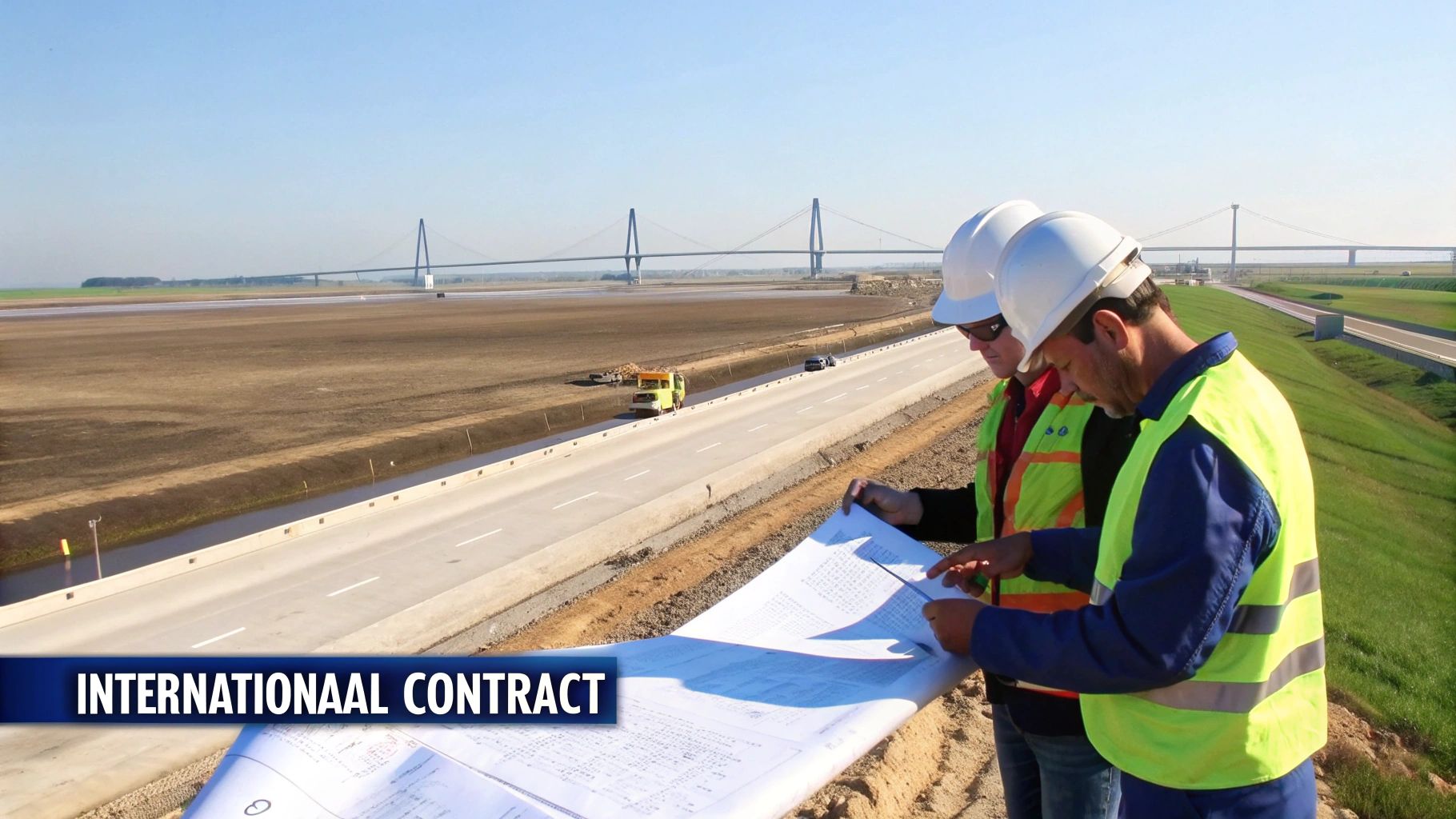 Twee bouwvakkers in veiligheidsvesten en helmen bekijken bouwtekeningen op een grote bouwplaats met een snelweg en brug.