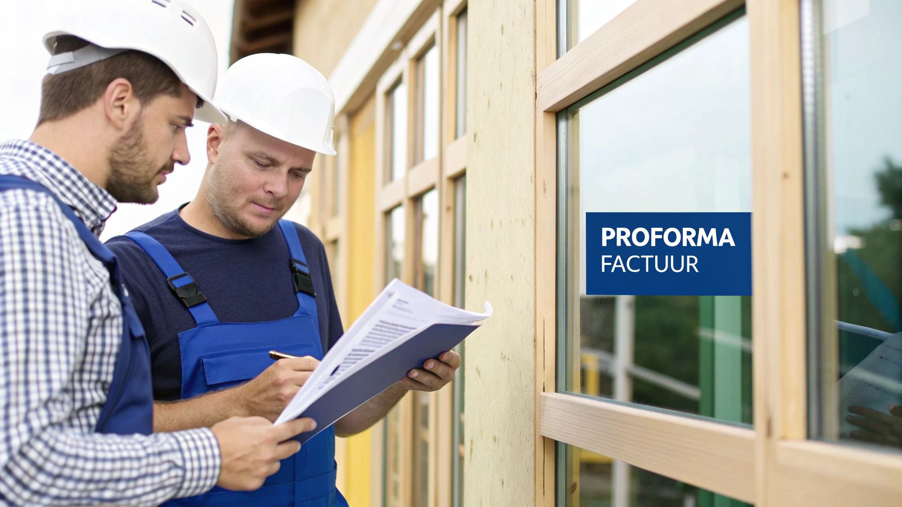 Twee bouwvakkers in veiligheidshelmen bekijken documenten op een bouwplaats met nieuwe ramen.