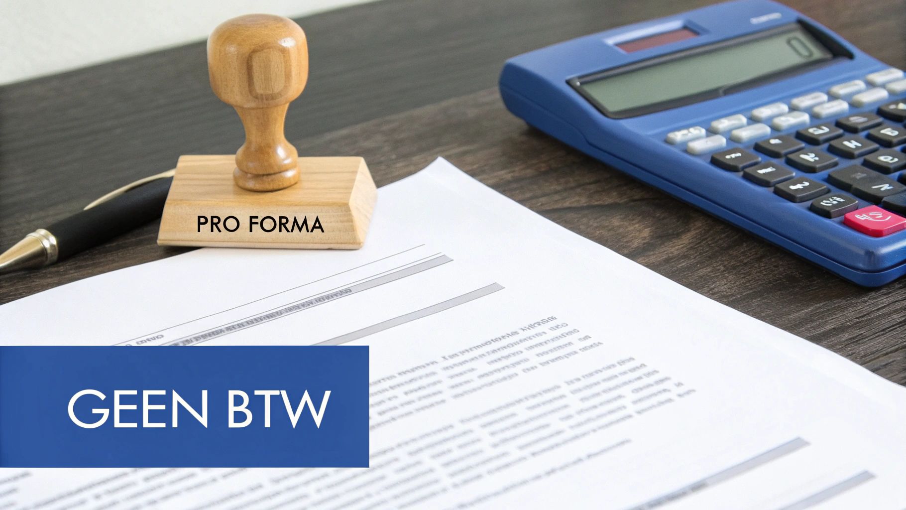 Een houten stempel met 'PRO FORMA' op een document, naast een pen en rekenmachine. Onderin een blauwe banner met 'GEEN BTW'.