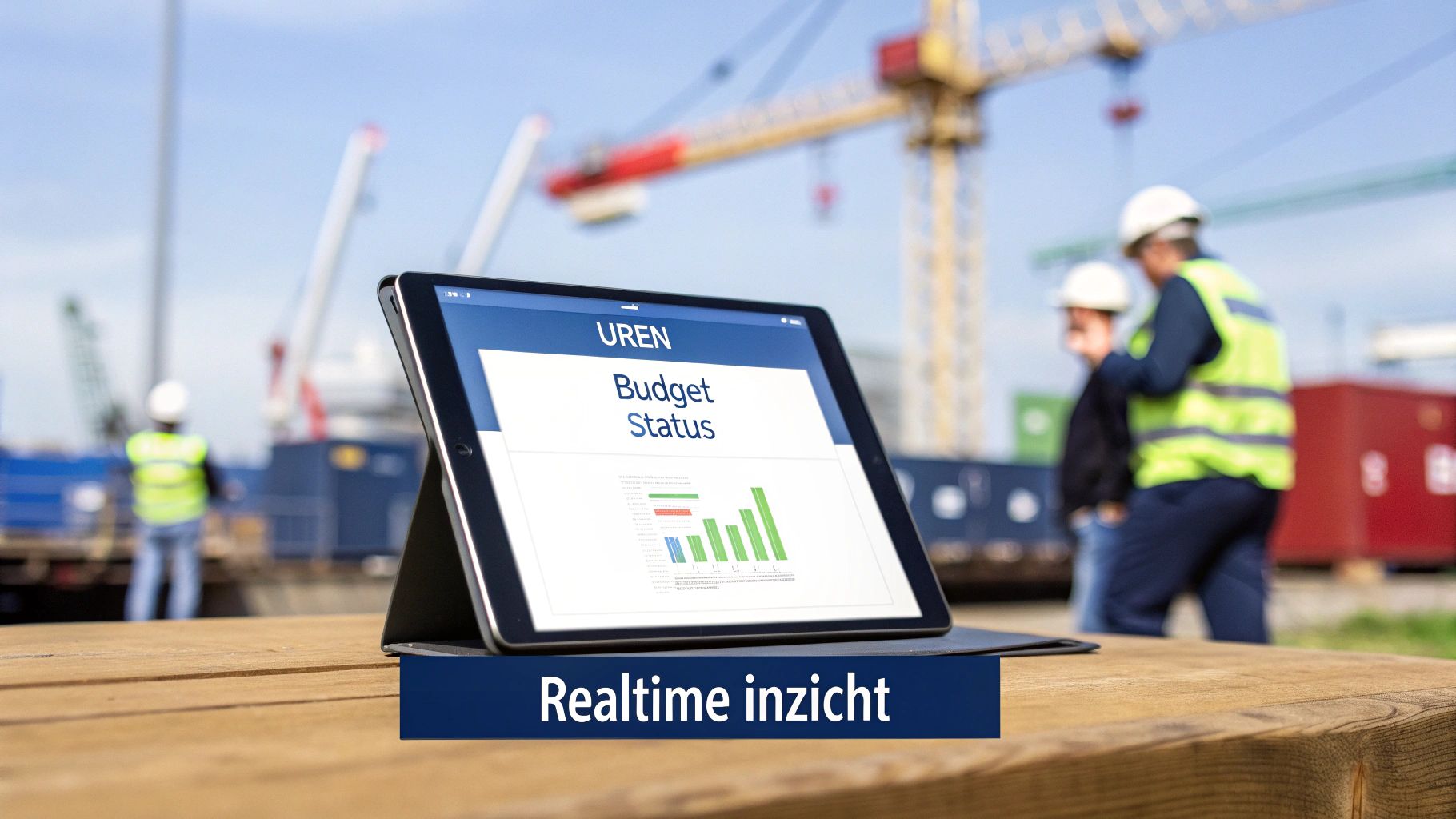 Tablet toont budgetstatus op een bouwplaats met bouwvakkers en kranen op de achtergrond. Biedt realtime inzicht.