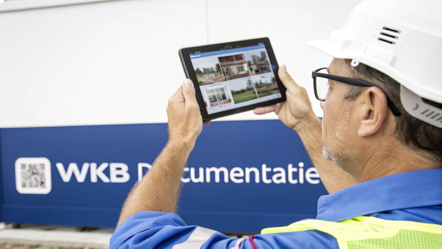 Een man in veiligheidskleding en een helm bekijkt bouwdocumentatie met afbeeldingen op een tablet, naast een WKB-bord.