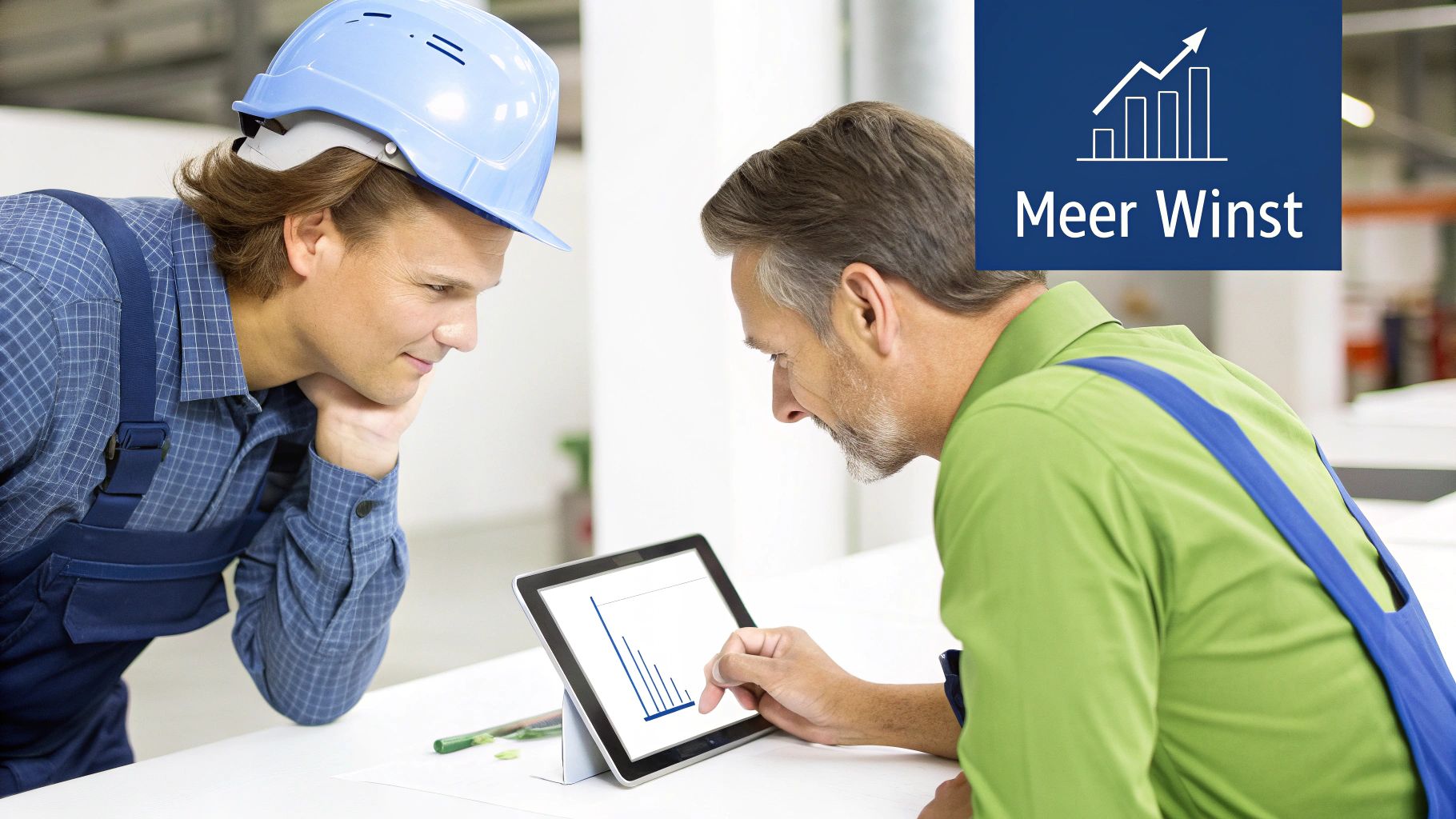 Twee werknemers bekijken samen een tablet met een grafiek, gericht op bedrijfsgroei en 'Meer Winst'.