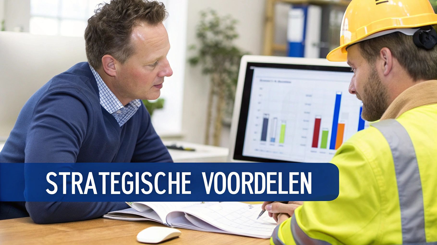Twee mannen, een met veiligheidshelm, bespreken strategische voordelen en analyseren gegevens op een computerscherm en documenten op het bureau.