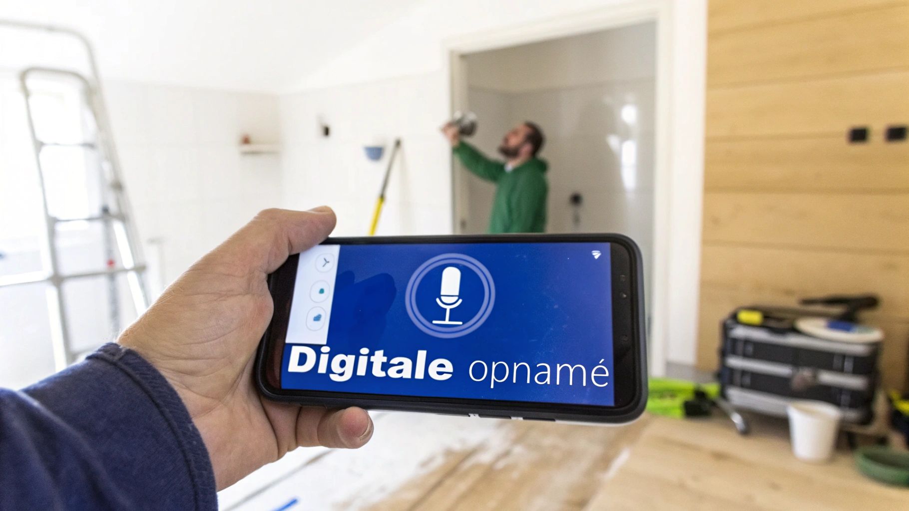 Een hand houdt een smartphone vast die 'Digitale opnamé' toont, terwijl een werkman op de achtergrond klust.
