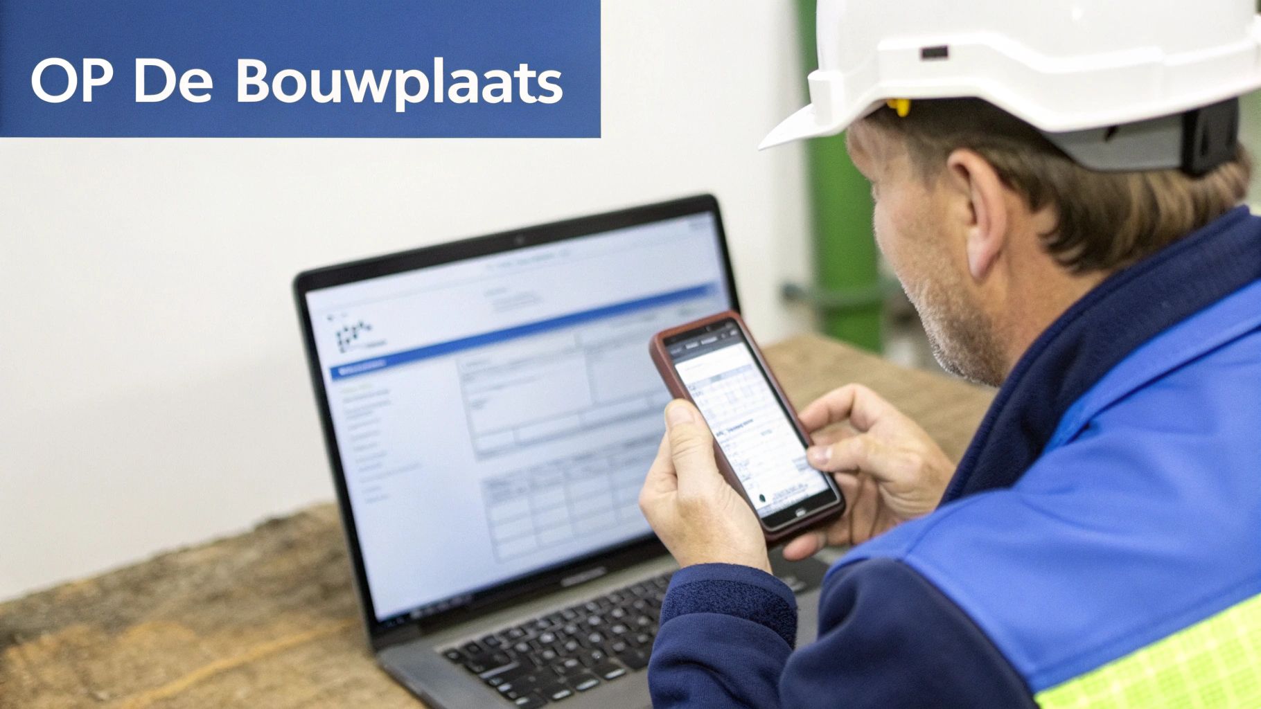 Bouwvakker gebruikt smartphone en laptop op de bouwplaats voor digitale werkzaamheden