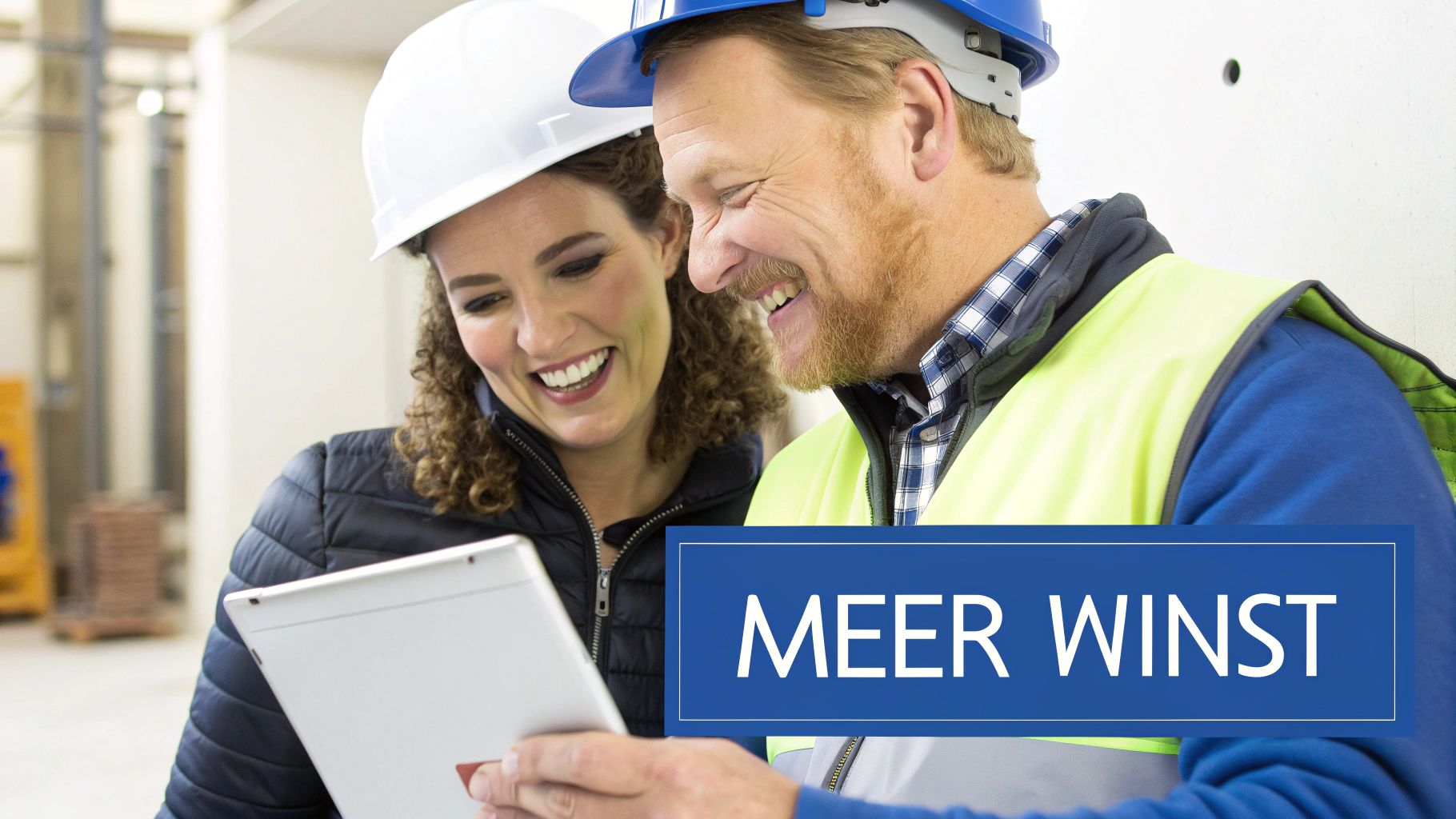 Twee lachende bouwvakkers, een man en een vrouw, kijken samen naar een tablet.