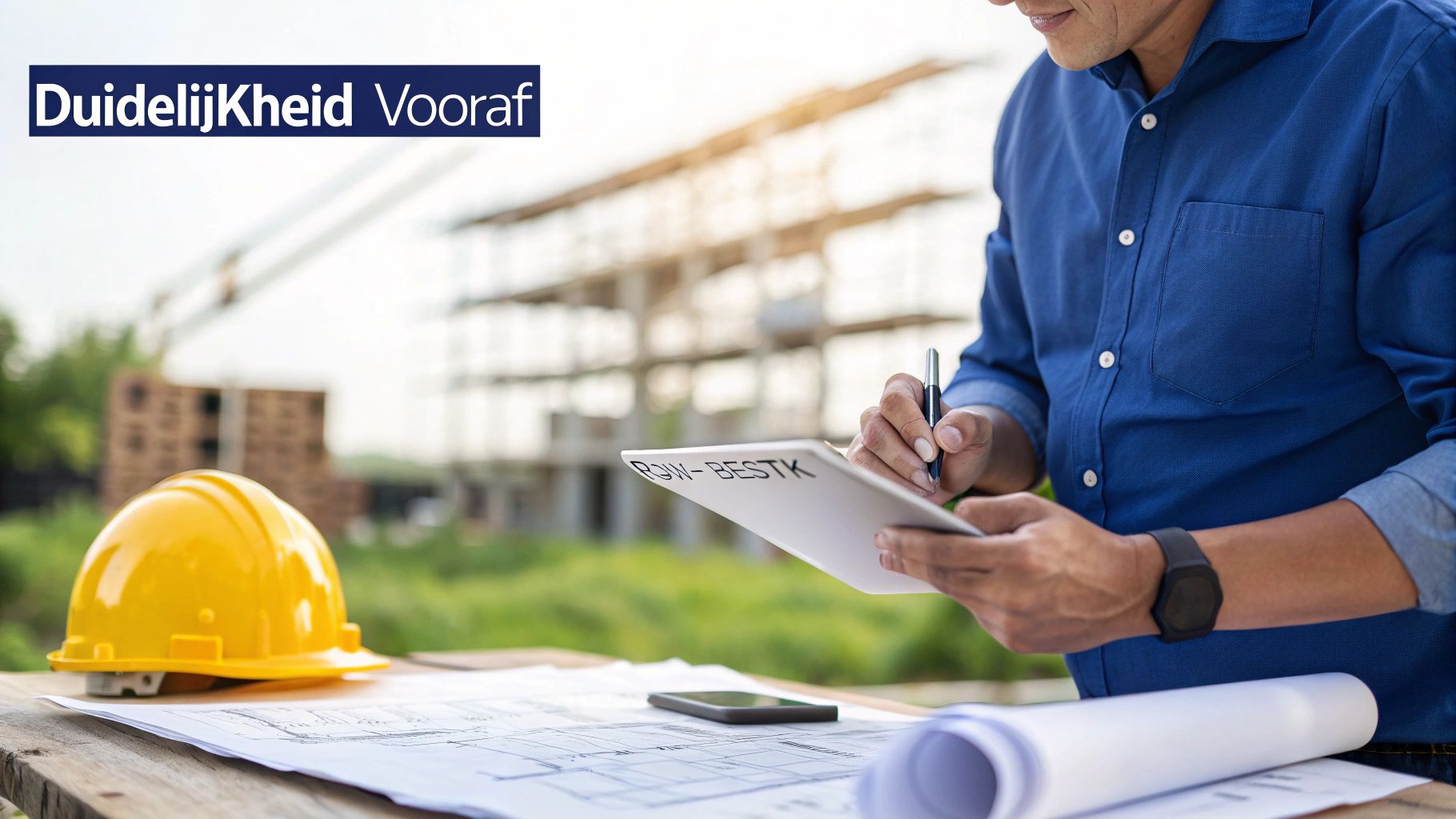 Ingenieur op bouwplaats bekijkt specificaties op een tablet, met helm en bouwtekeningen op tafel. DuideliJKheid Vooraf.