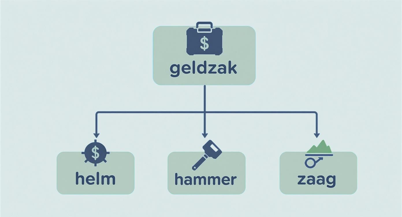 Infographic die laat zien hoe een grote geldzak met kosten wordt verdeeld over drie verschillende bouwprojecten, vertegenwoordigd door een helm, hamer en zaag.