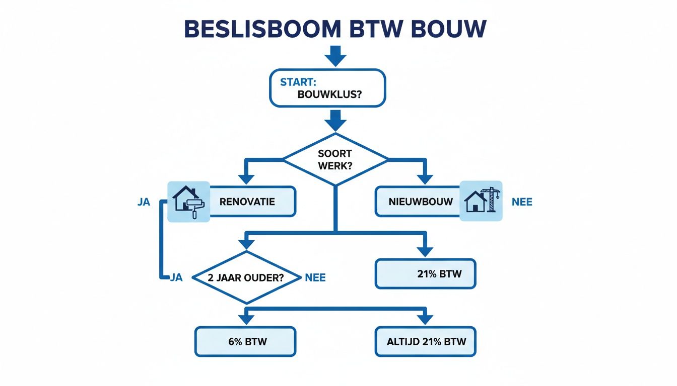 Stroomschema BTW-tarieven voor bouwklussen, onderscheidt renovatie en nieuwbouw op basis van leeftijd pand.
