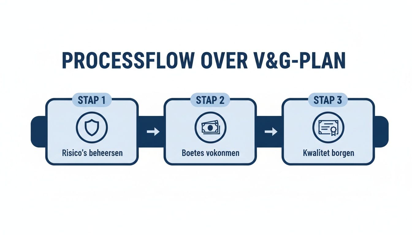Overzicht processflow V&G-plan: risicobeheer, boetepreventie en kwaliteitsborging in drie stappen.