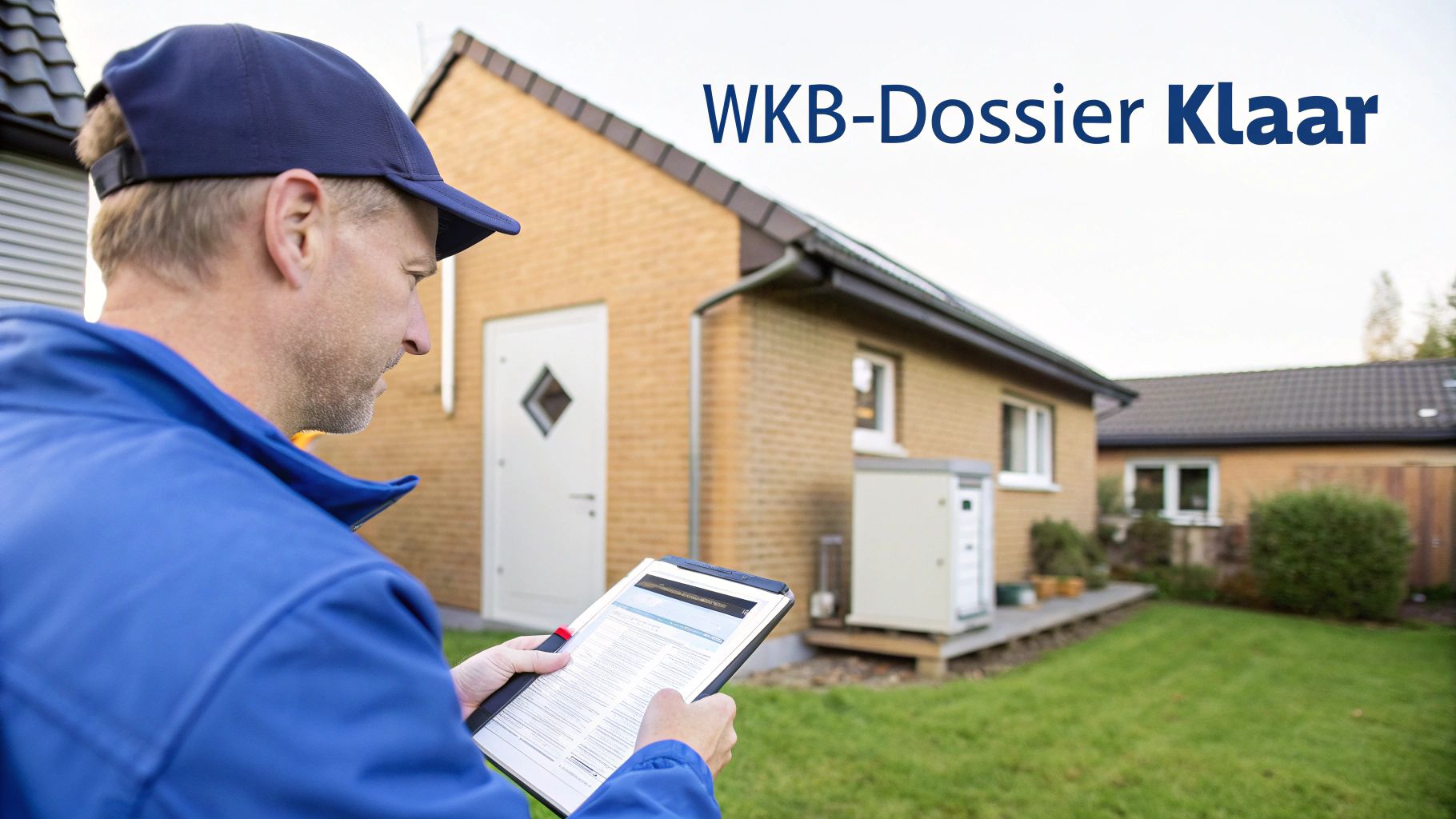Een installateur in blauw uniform bekijkt documenten op een clipboard voor een huis met tuin en een buitenunit.