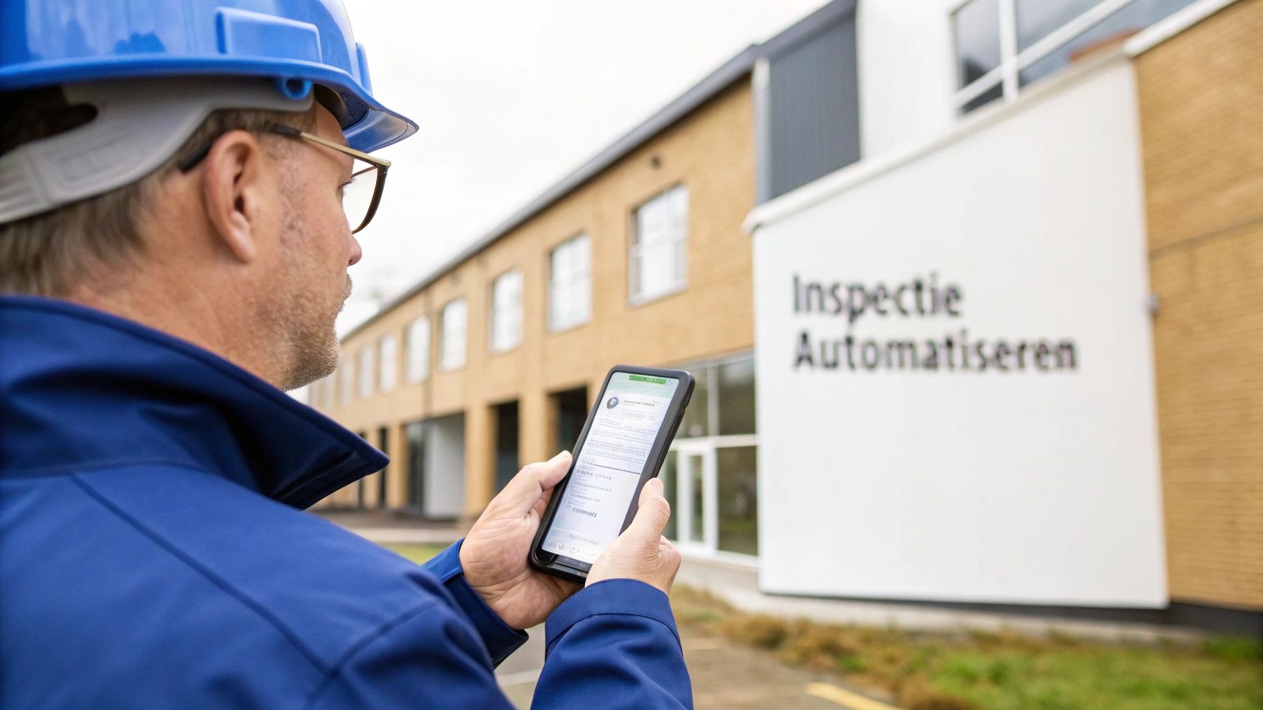 Man in veiligheidshelm gebruikt smartphone voor inspectie bij gebouw met tekst 'Inspectie Automatiseren'.