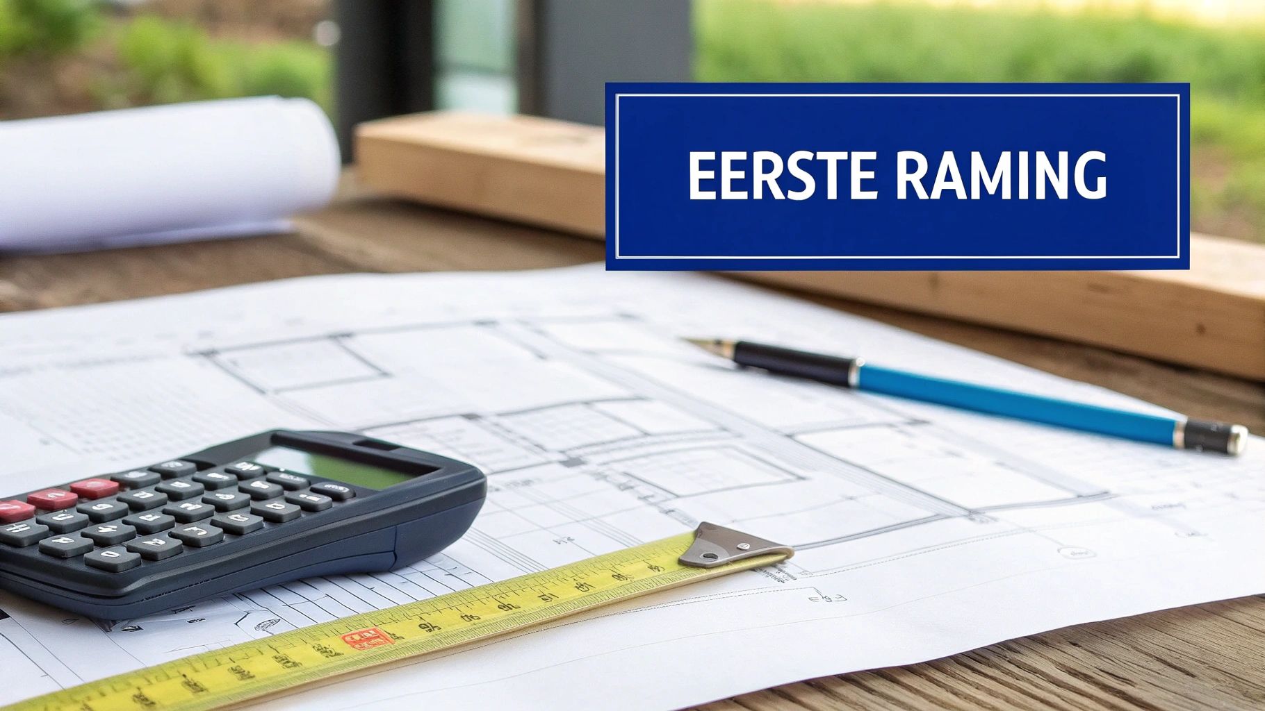 Bouwplannen met rekenmachine, meetlint en pen voor het maken van een eerste bouwraming